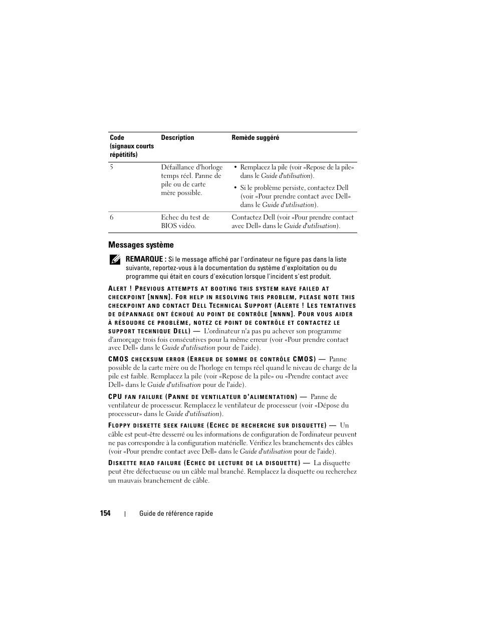 Messages système | Dell Precision T7400 (Late 2007) User Manual | Page 154 / 380