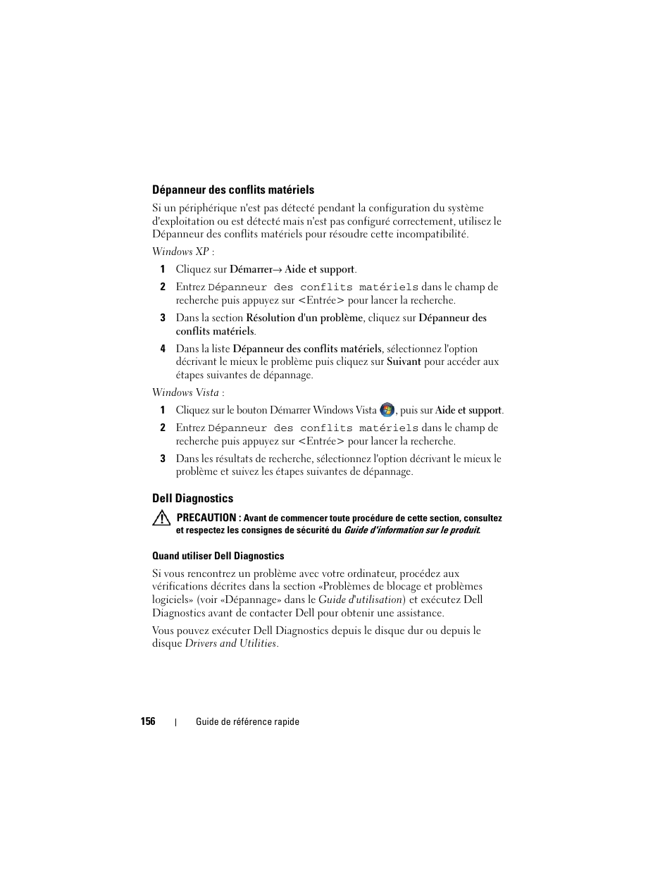 Dépanneur des conflits matériels, Dell diagnostics | Dell Precision T7400 (Late 2007) User Manual | Page 156 / 380