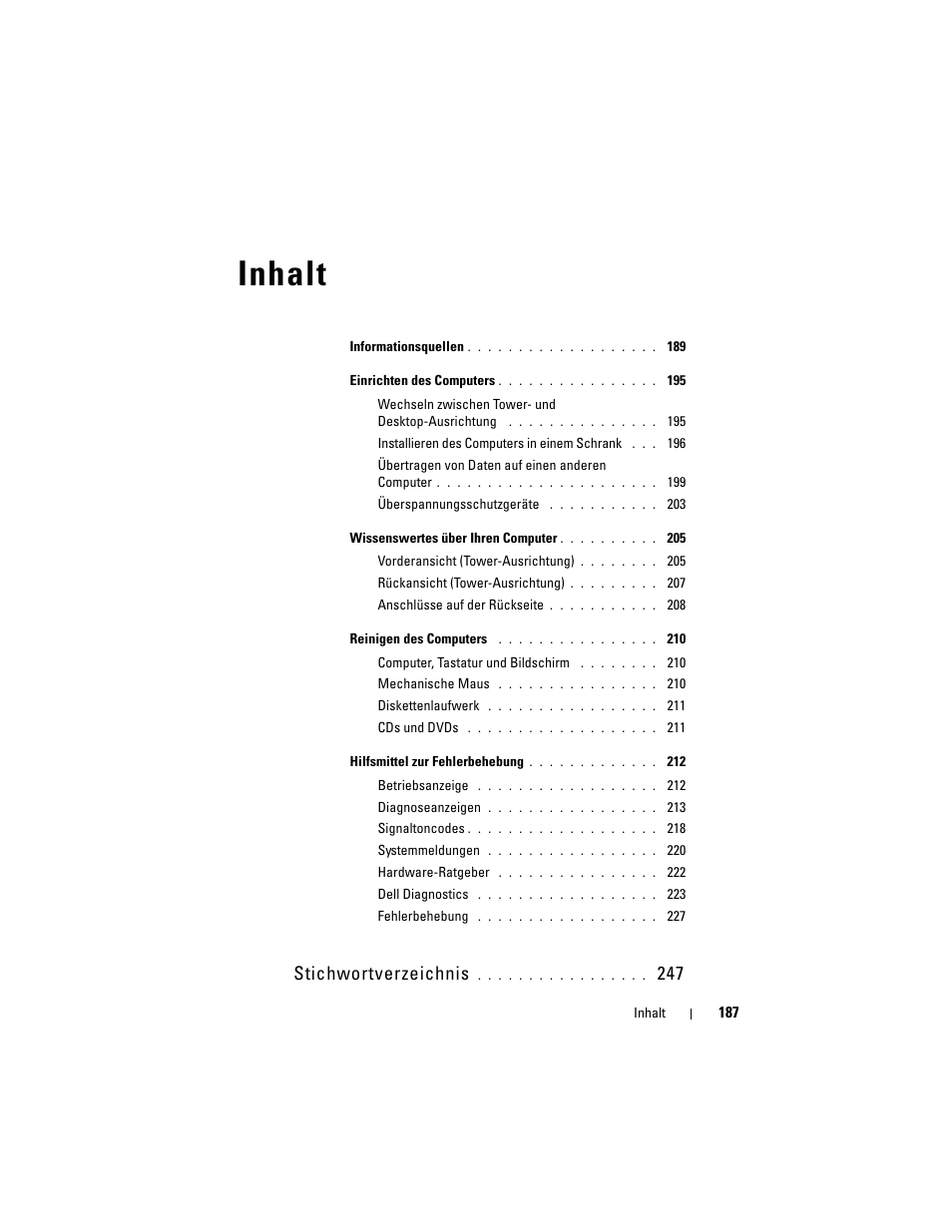 Inhalt, Stichwortverzeichnis | Dell Precision T7400 (Late 2007) User Manual | Page 187 / 380