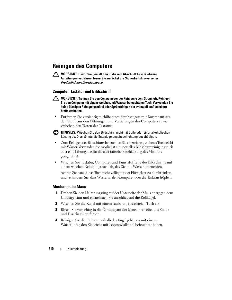 Reinigen des computers, Computer, tastatur und bildschirm, Mechanische maus | Dell Precision T7400 (Late 2007) User Manual | Page 210 / 380