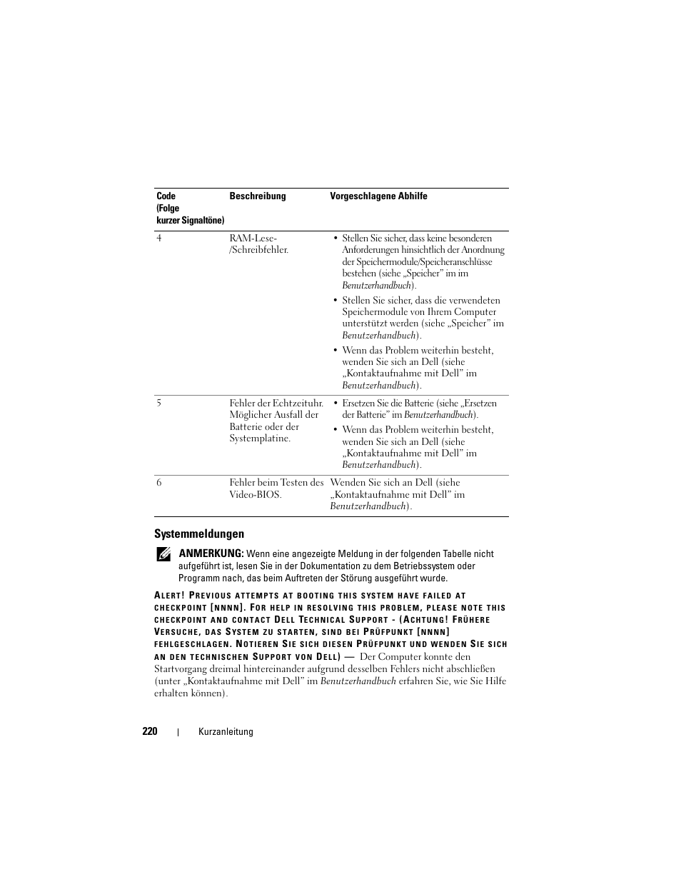 Systemmeldungen | Dell Precision T7400 (Late 2007) User Manual | Page 220 / 380