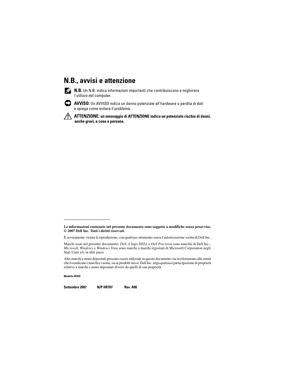 N.b., avvisi e attenzione | Dell Precision T7400 (Late 2007) User Manual | Page 254 / 380