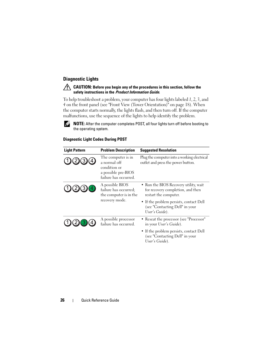 Diagnostic lights | Dell Precision T7400 (Late 2007) User Manual | Page 26 / 380