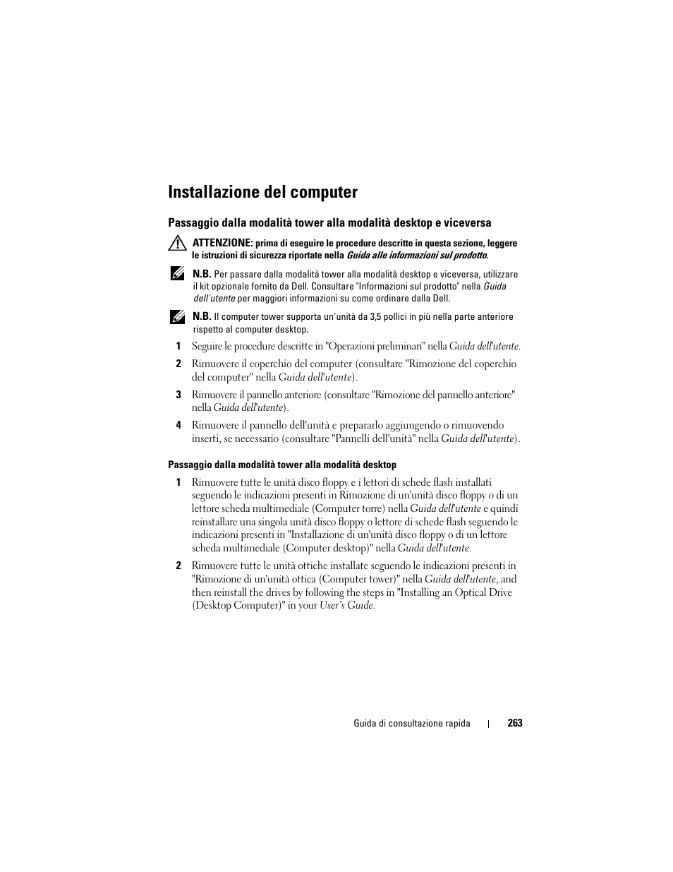 Installazione del computer | Dell Precision T7400 (Late 2007) User Manual | Page 263 / 380