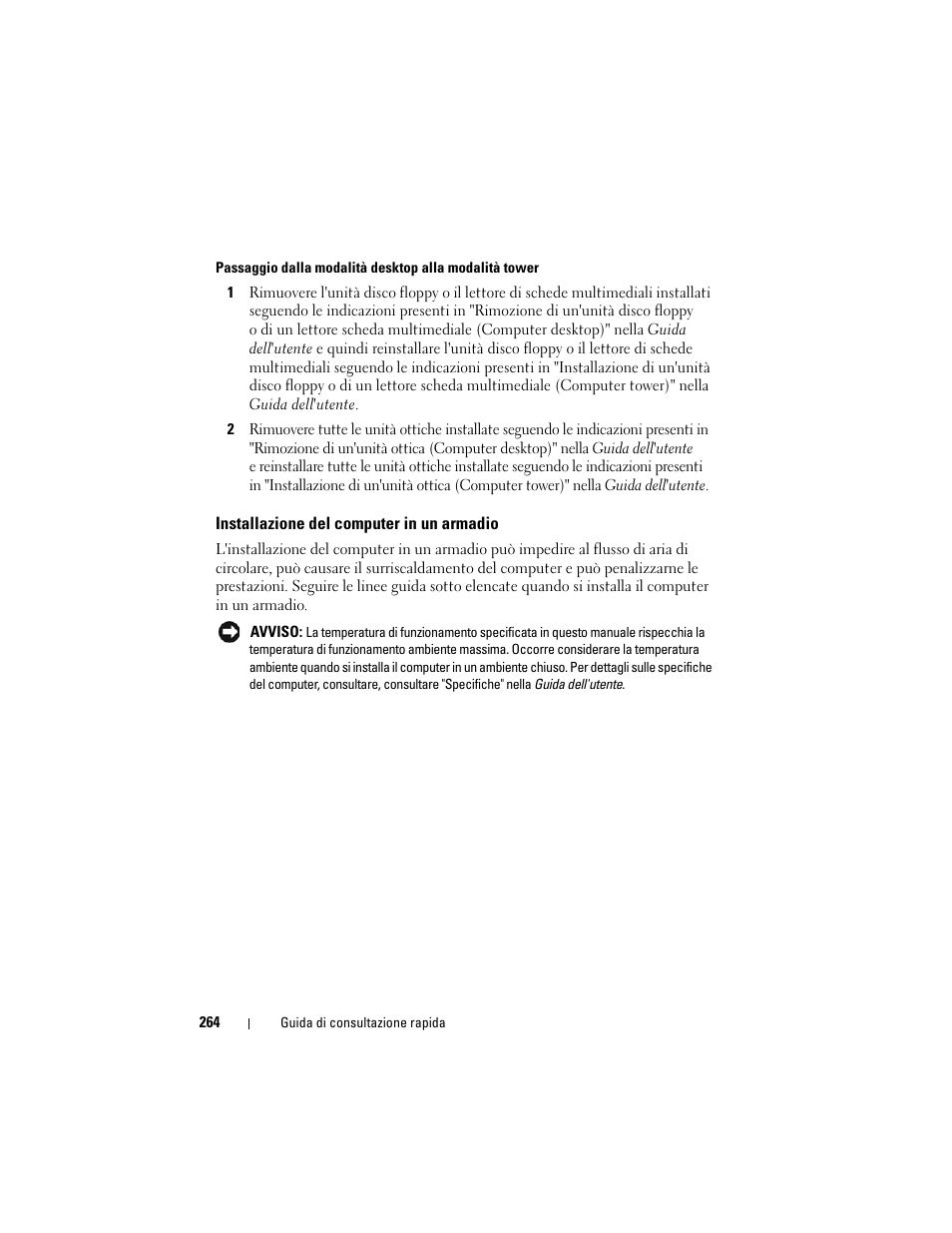 Installazione del computer in un armadio | Dell Precision T7400 (Late 2007) User Manual | Page 264 / 380