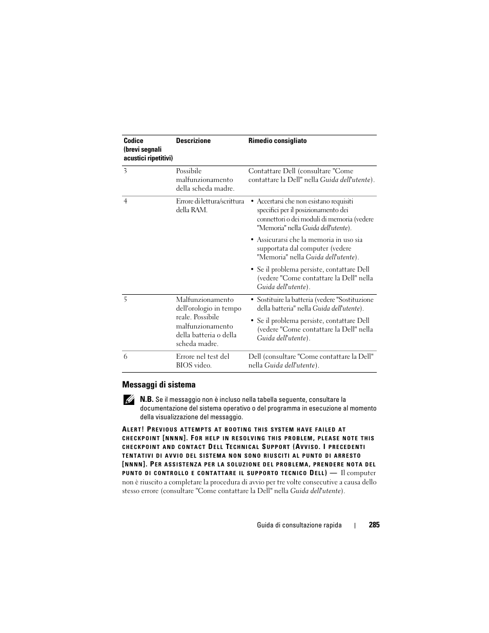 Messaggi di sistema | Dell Precision T7400 (Late 2007) User Manual | Page 285 / 380