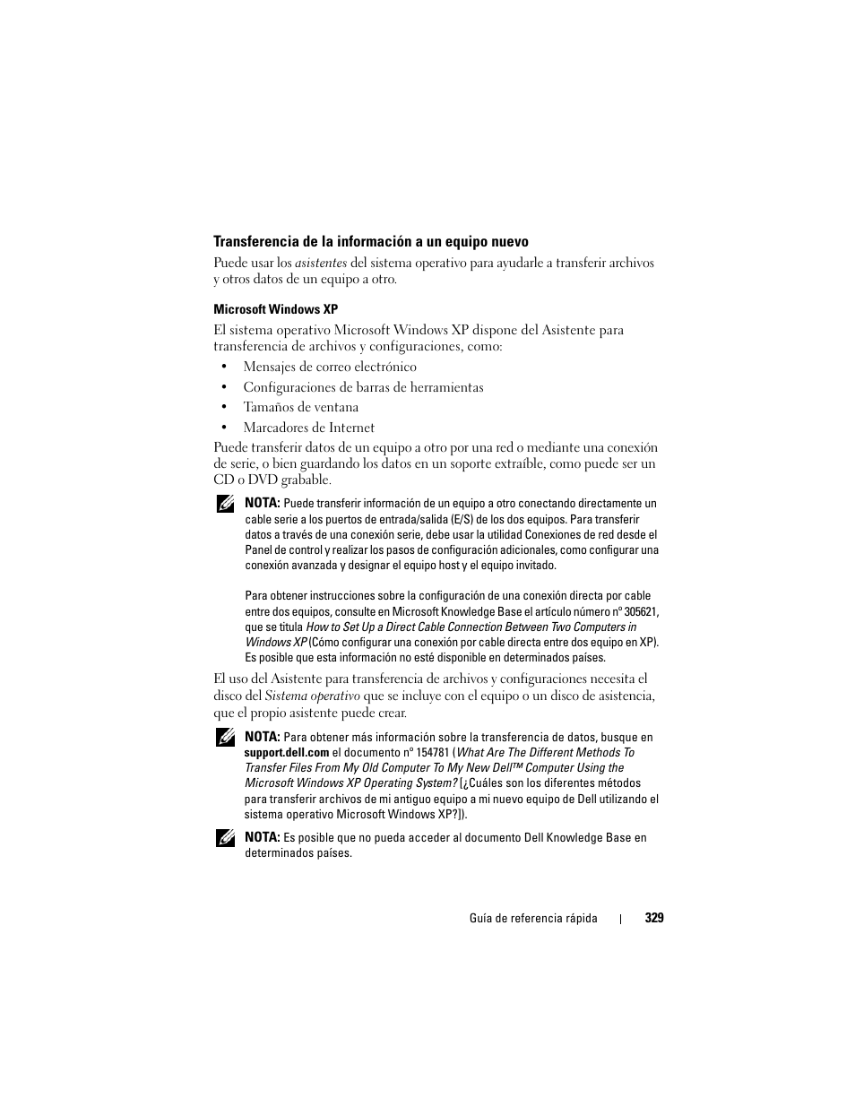 Transferencia de la información a un equipo nuevo | Dell Precision T7400 (Late 2007) User Manual | Page 329 / 380