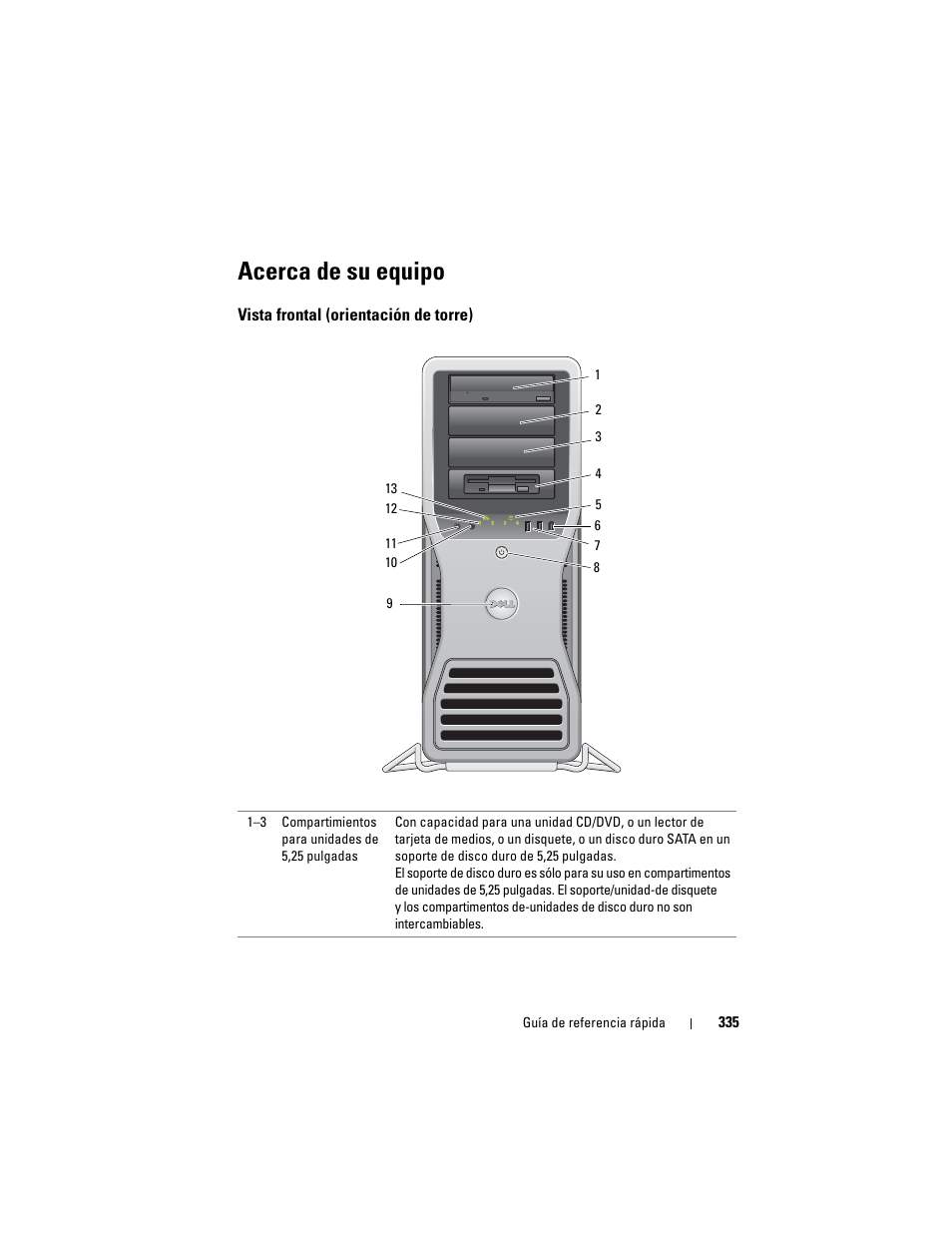 Acerca de su equipo, Vista frontal (orientación de torre) | Dell Precision T7400 (Late 2007) User Manual | Page 335 / 380