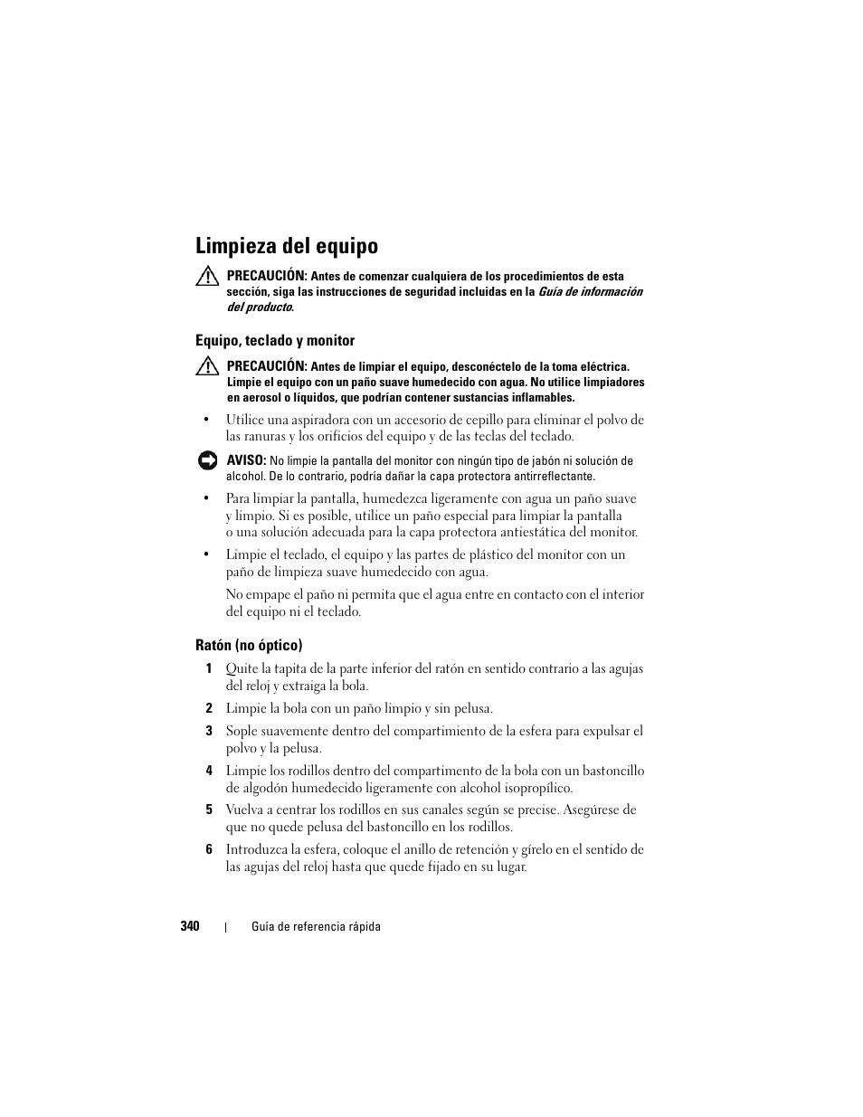 Limpieza del equipo, Equipo, teclado y monitor, Ratón (no óptico) | Dell Precision T7400 (Late 2007) User Manual | Page 340 / 380