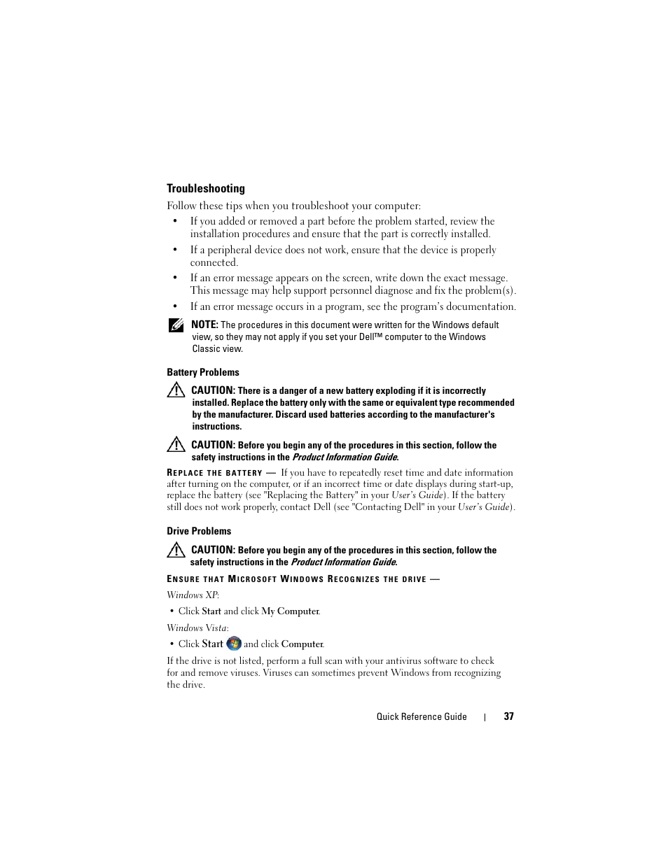 Troubleshooting | Dell Precision T7400 (Late 2007) User Manual | Page 37 / 380