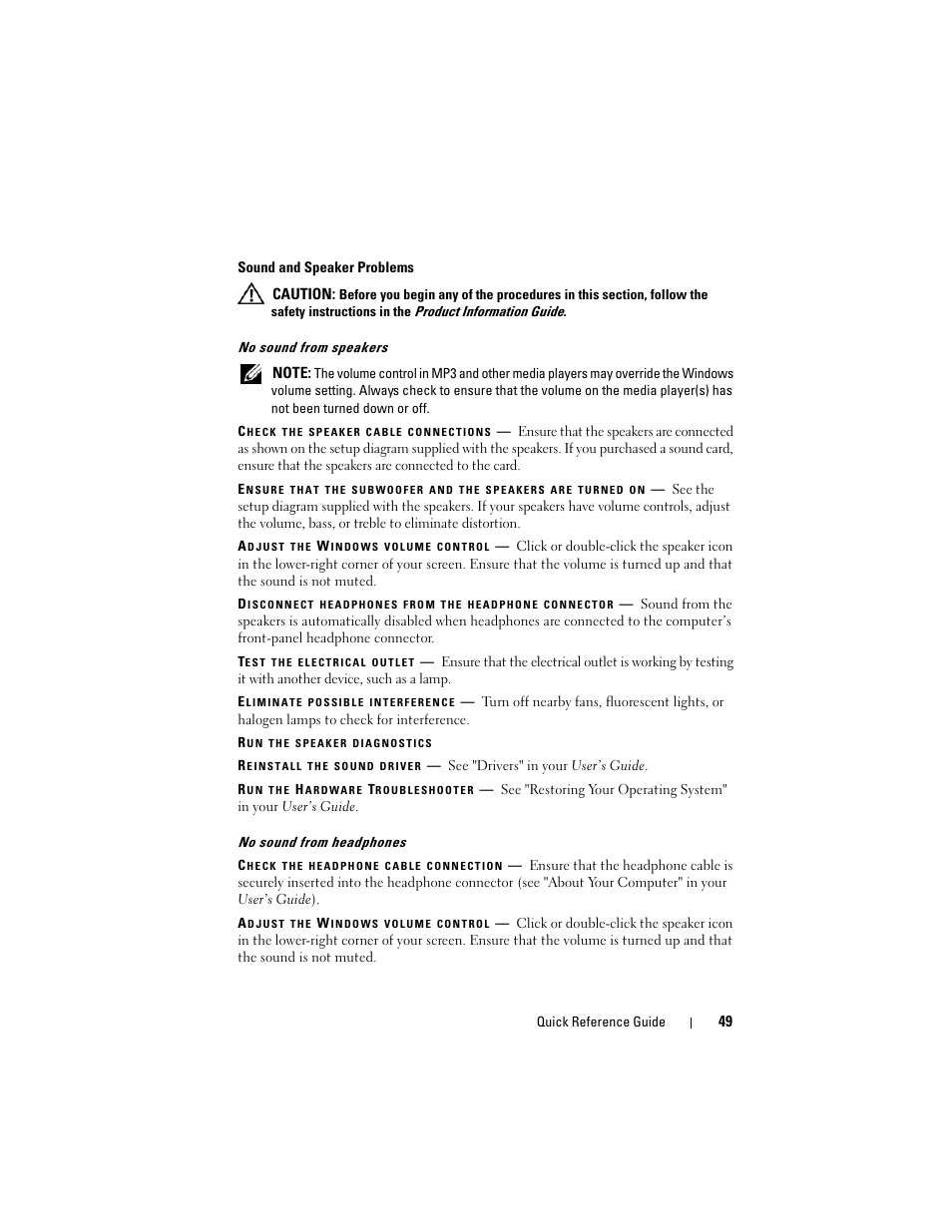 See "sound and speaker problems" on | Dell Precision T7400 (Late 2007) User Manual | Page 49 / 380