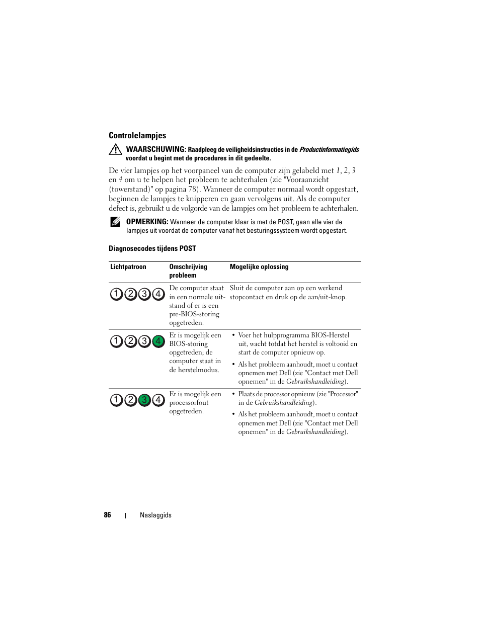 Controlelampjes | Dell Precision T7400 (Late 2007) User Manual | Page 86 / 380