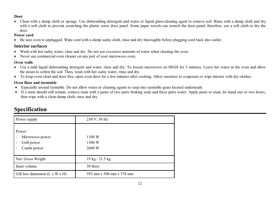 Specification | Hyundai H-MW1030 User Manual | Page 12 / 24