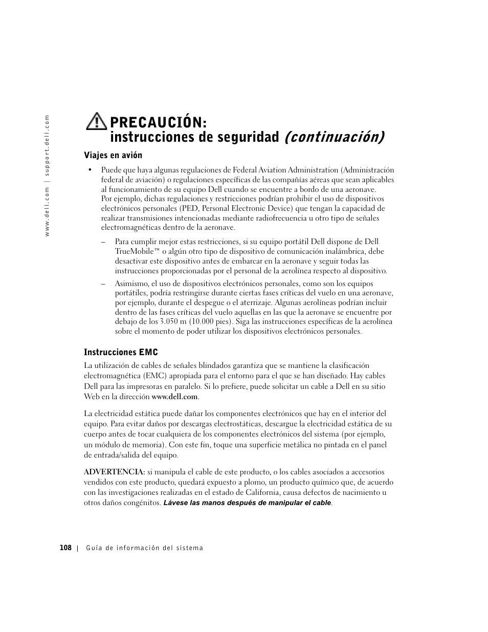 Viajes en avión, Instrucciones emc | Dell Latitude X300 User Manual | Page 110 / 138