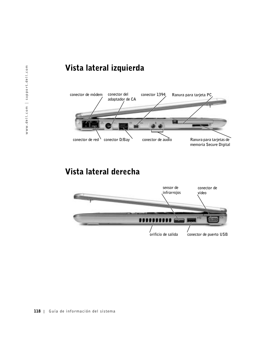 Vista lateral izquierda, Vista lateral derecha, Vista lateral izquierda vista lateral derecha | Dell Latitude X300 User Manual | Page 120 / 138