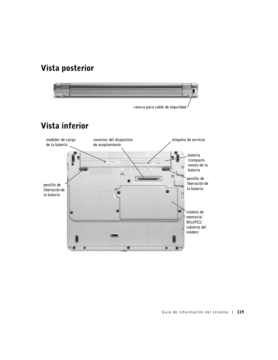 Vista posterior, Vista inferior, Vista posterior vista inferior | Dell Latitude X300 User Manual | Page 121 / 138