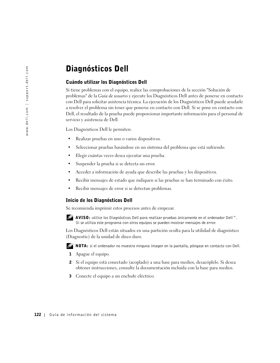 Diagnósticos dell, Cuándo utilizar los diagnósticos dell, Inicio de los diagnósticos dell | Dell Latitude X300 User Manual | Page 124 / 138