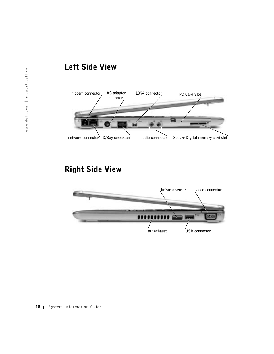 Left side view, Right side view, Left side view right side view | Dell Latitude X300 User Manual | Page 20 / 138