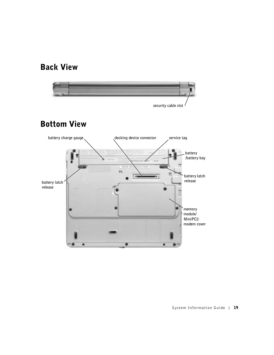 Back view, Bottom view, Back view bottom view | Dell Latitude X300 User Manual | Page 21 / 138