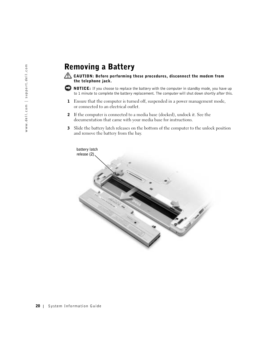Removing a battery | Dell Latitude X300 User Manual | Page 22 / 138