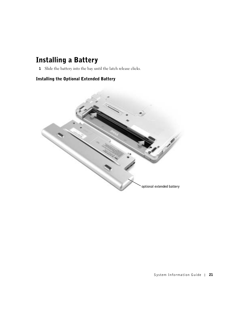 Installing a battery, Installing the optional extended battery | Dell Latitude X300 User Manual | Page 23 / 138