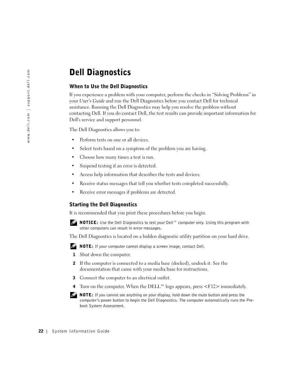 Dell diagnostics, When to use the dell diagnostics, Starting the dell diagnostics | Dell Latitude X300 User Manual | Page 24 / 138
