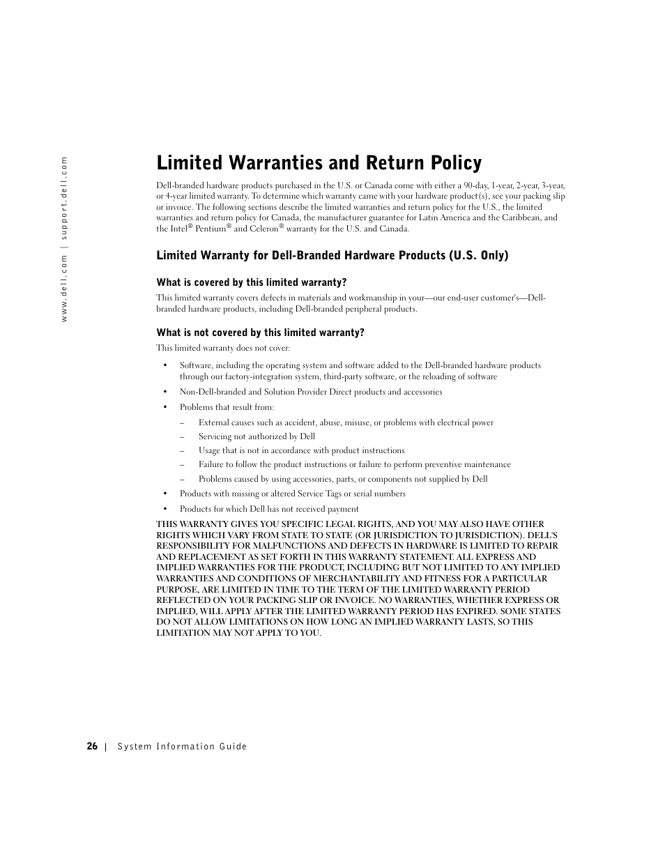 Limited warranties and return policy | Dell Latitude X300 User Manual | Page 28 / 138