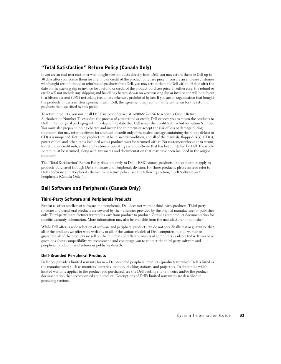 Total satisfaction” return policy (canada only), Dell software and peripherals (canada only) | Dell Latitude X300 User Manual | Page 35 / 138