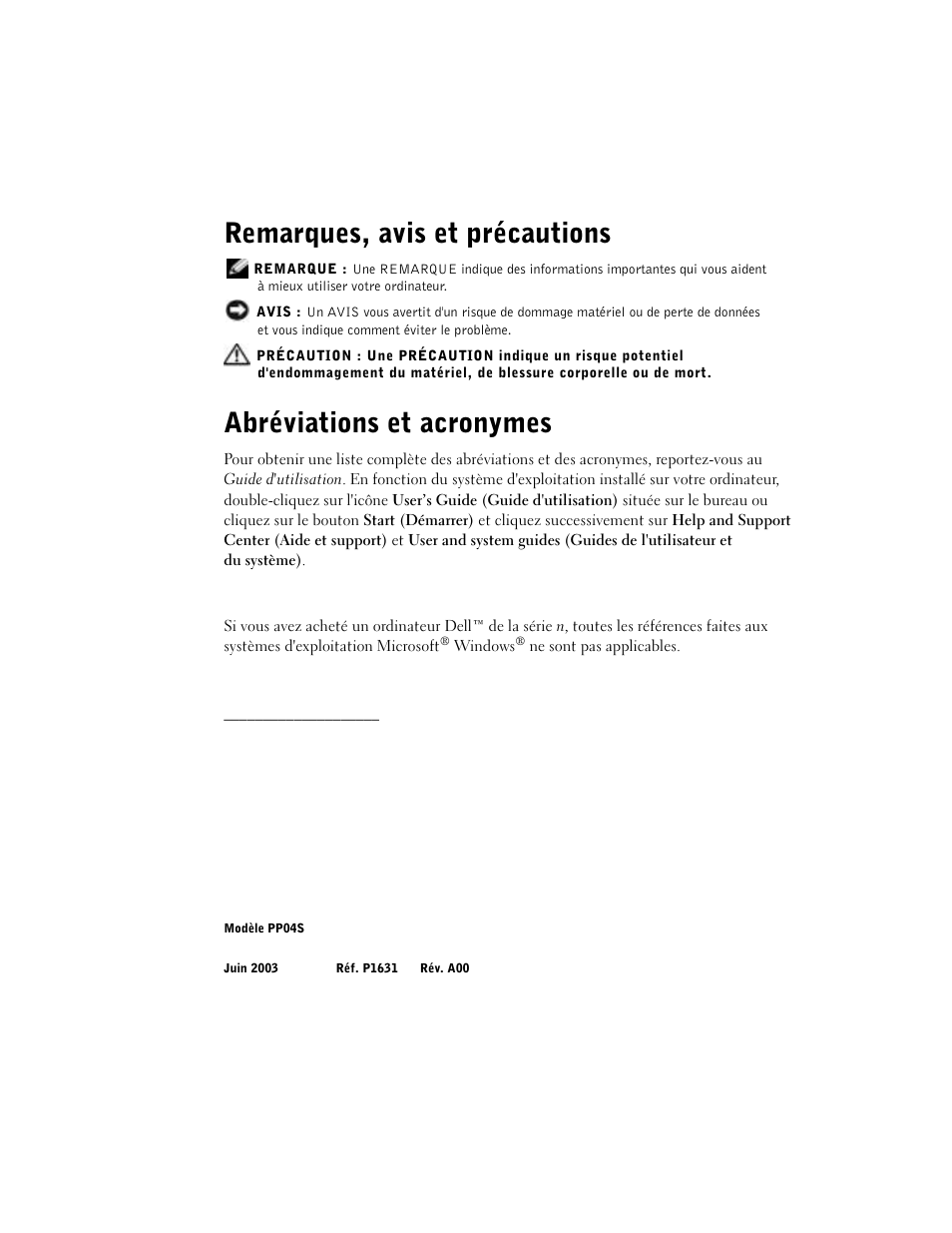 Remarques, avis et précautions, Abréviations et acronymes | Dell Latitude X300 User Manual | Page 42 / 138