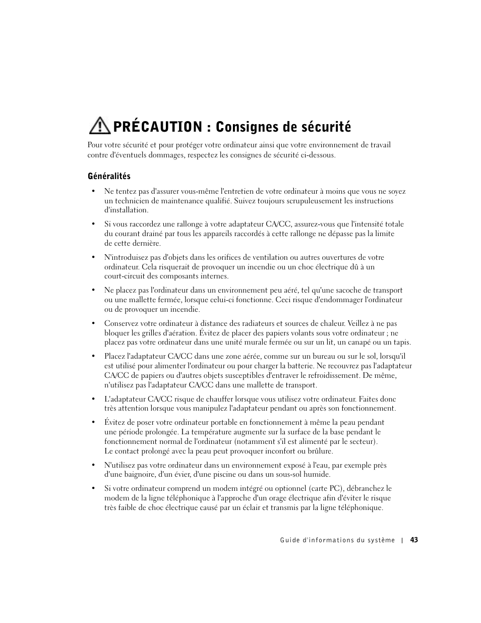 Précaution : consignes de sécurité, Généralités | Dell Latitude X300 User Manual | Page 45 / 138