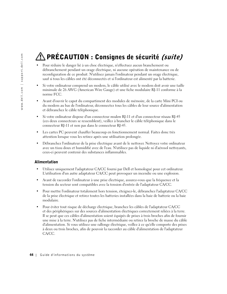 Alimentation, Précaution : consignes de sécurité (suite) | Dell Latitude X300 User Manual | Page 46 / 138