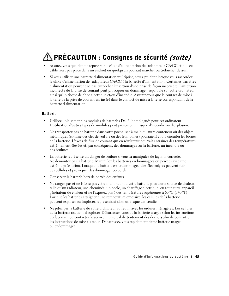 Batterie, Précaution : consignes de sécurité (suite) | Dell Latitude X300 User Manual | Page 47 / 138