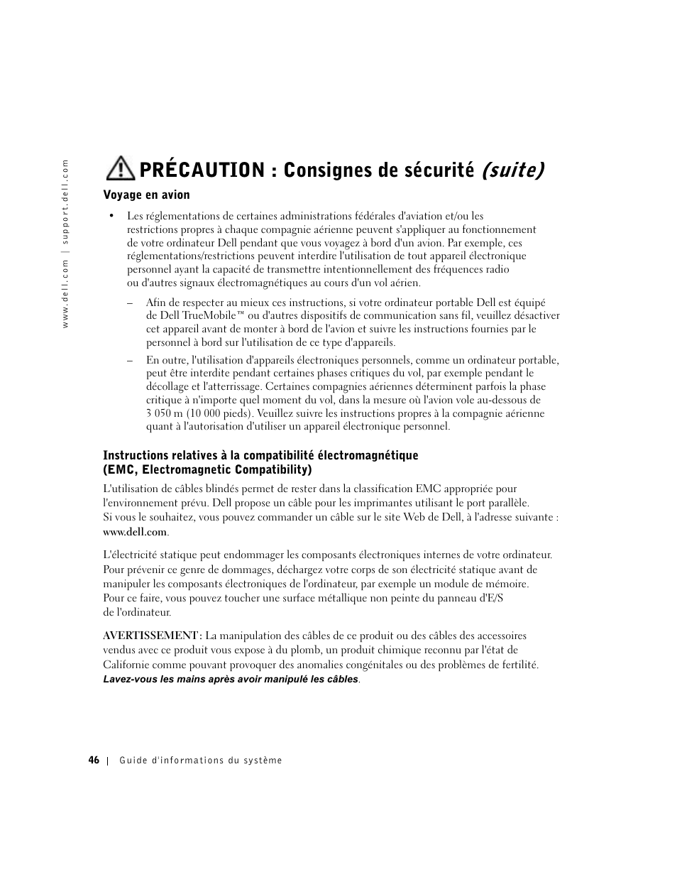 Voyage en avion, Précaution : consignes de sécurité (suite) | Dell Latitude X300 User Manual | Page 48 / 138