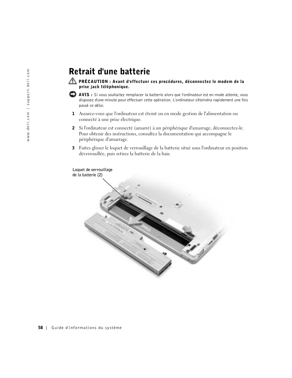 Retrait d'une batterie | Dell Latitude X300 User Manual | Page 60 / 138