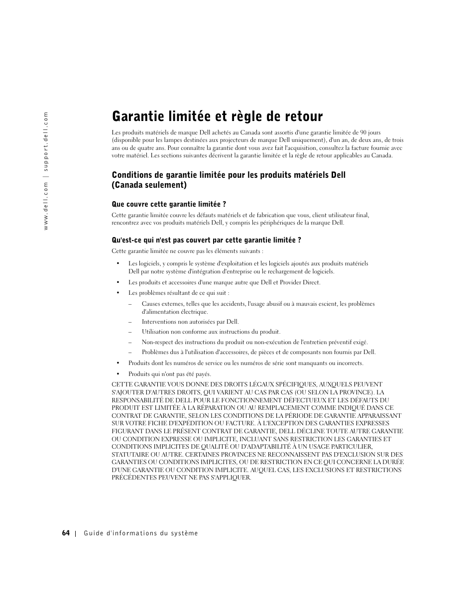 Garantie limitée et règle de retour | Dell Latitude X300 User Manual | Page 66 / 138