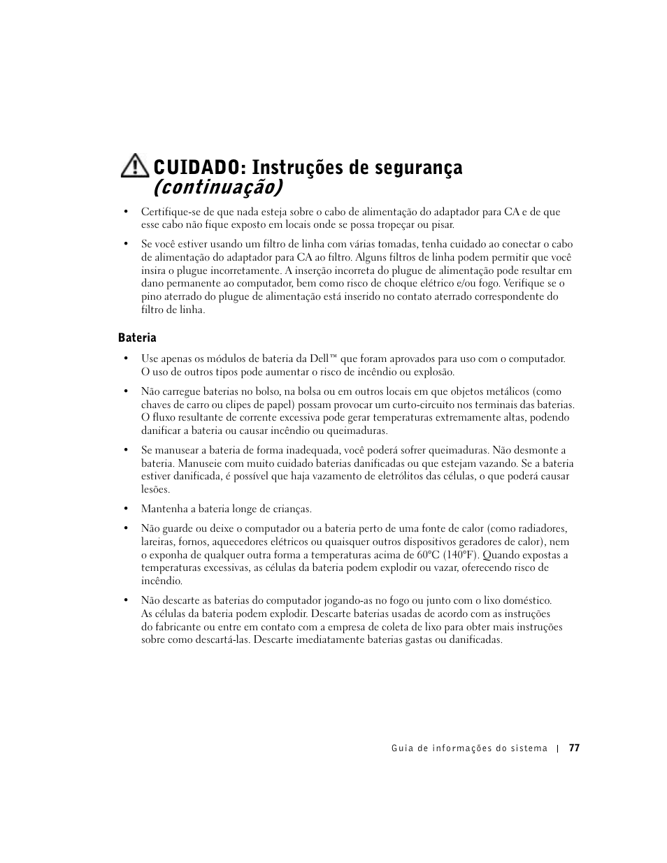 Bateria, Cuidado: instruções de segurança (continuação) | Dell Latitude X300 User Manual | Page 79 / 138