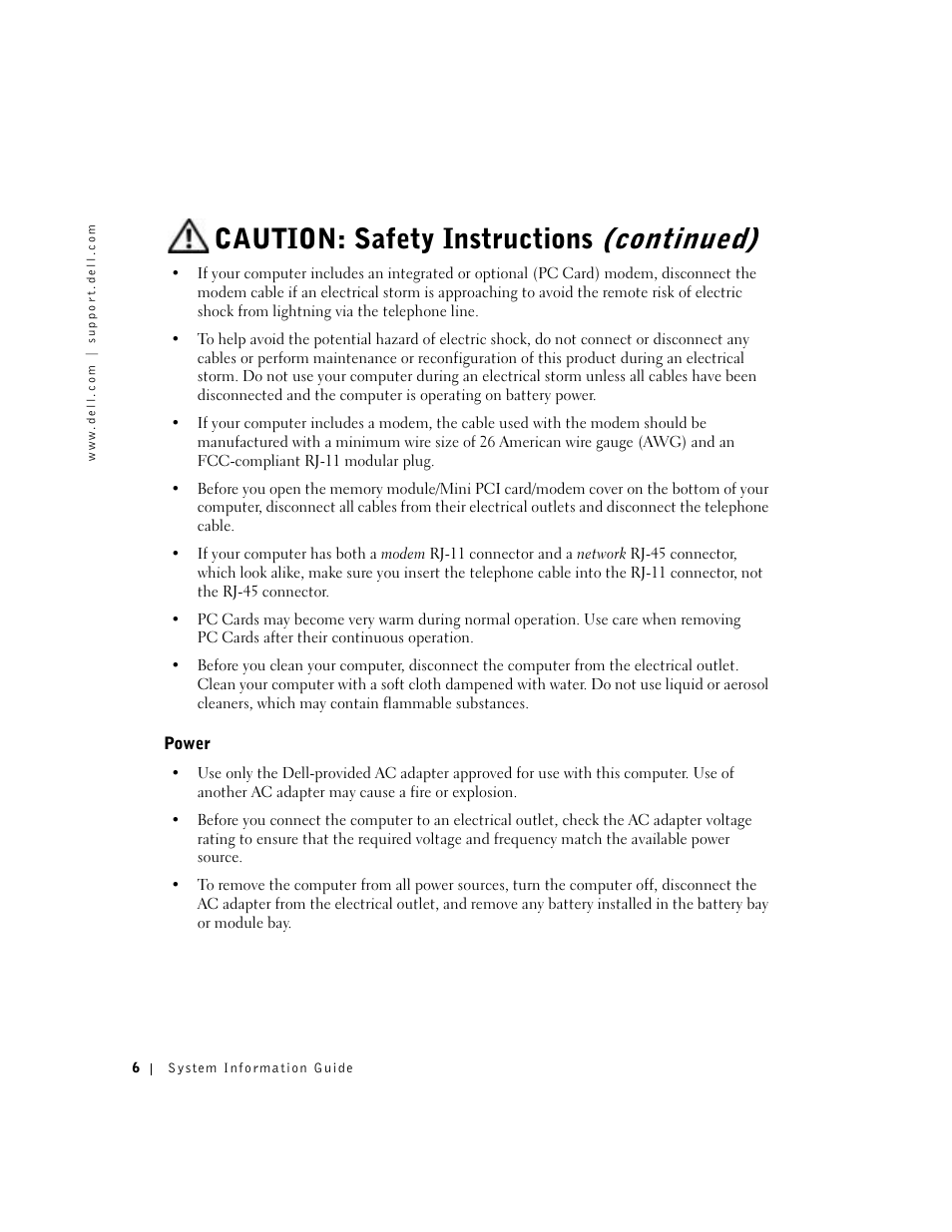 Power, Caution: safety instructions (continued) | Dell Latitude X300 User Manual | Page 8 / 138