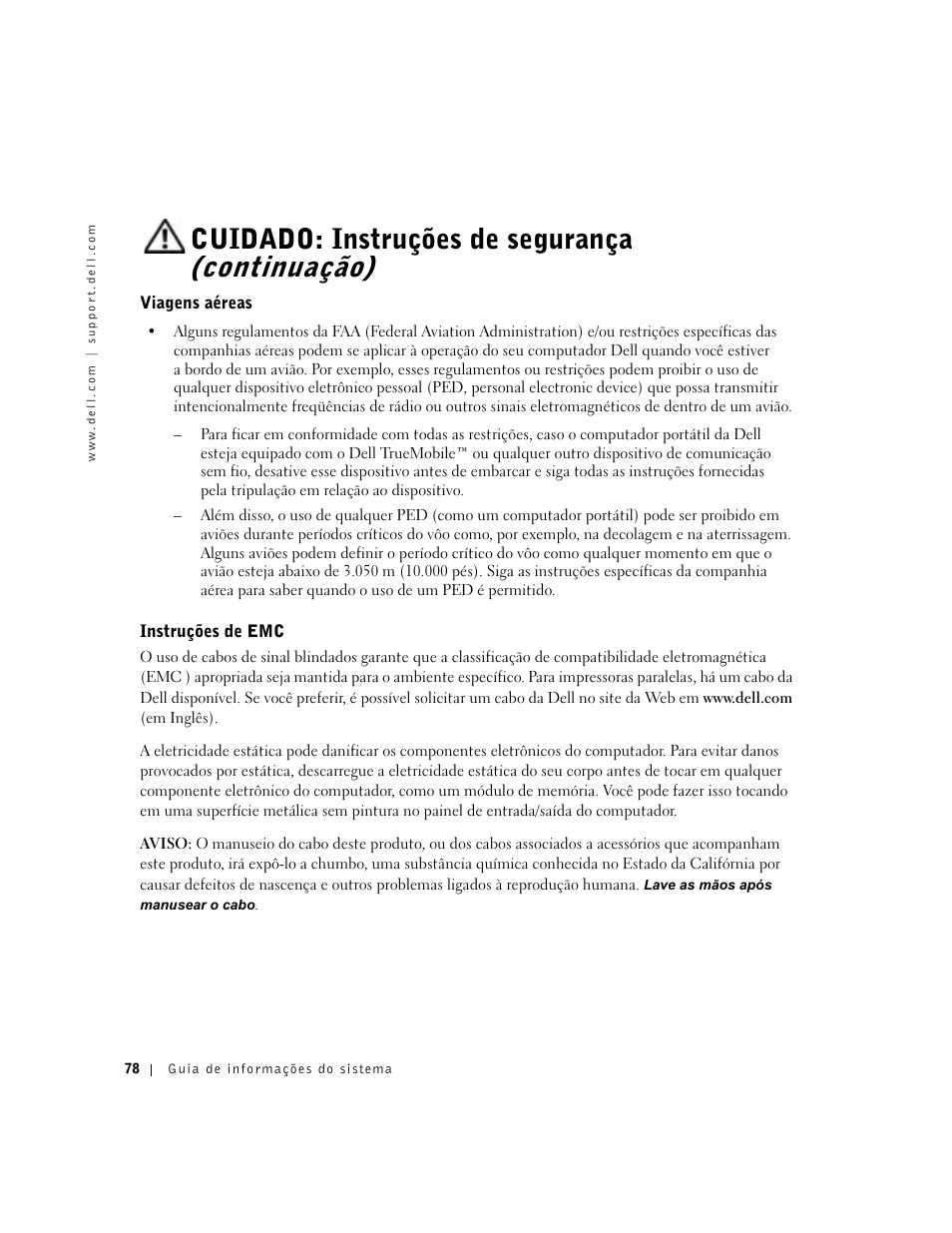 Viagens aéreas, Instruções de emc, Cuidado: instruções de segurança (continuação) | Dell Latitude X300 User Manual | Page 80 / 138