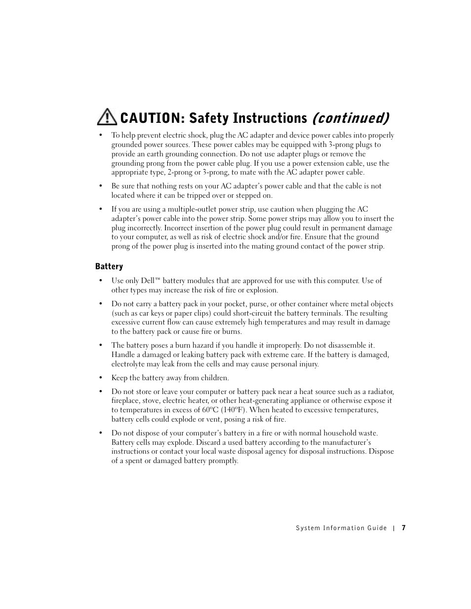 Battery, Caution: safety instructions (continued) | Dell Latitude X300 User Manual | Page 9 / 138