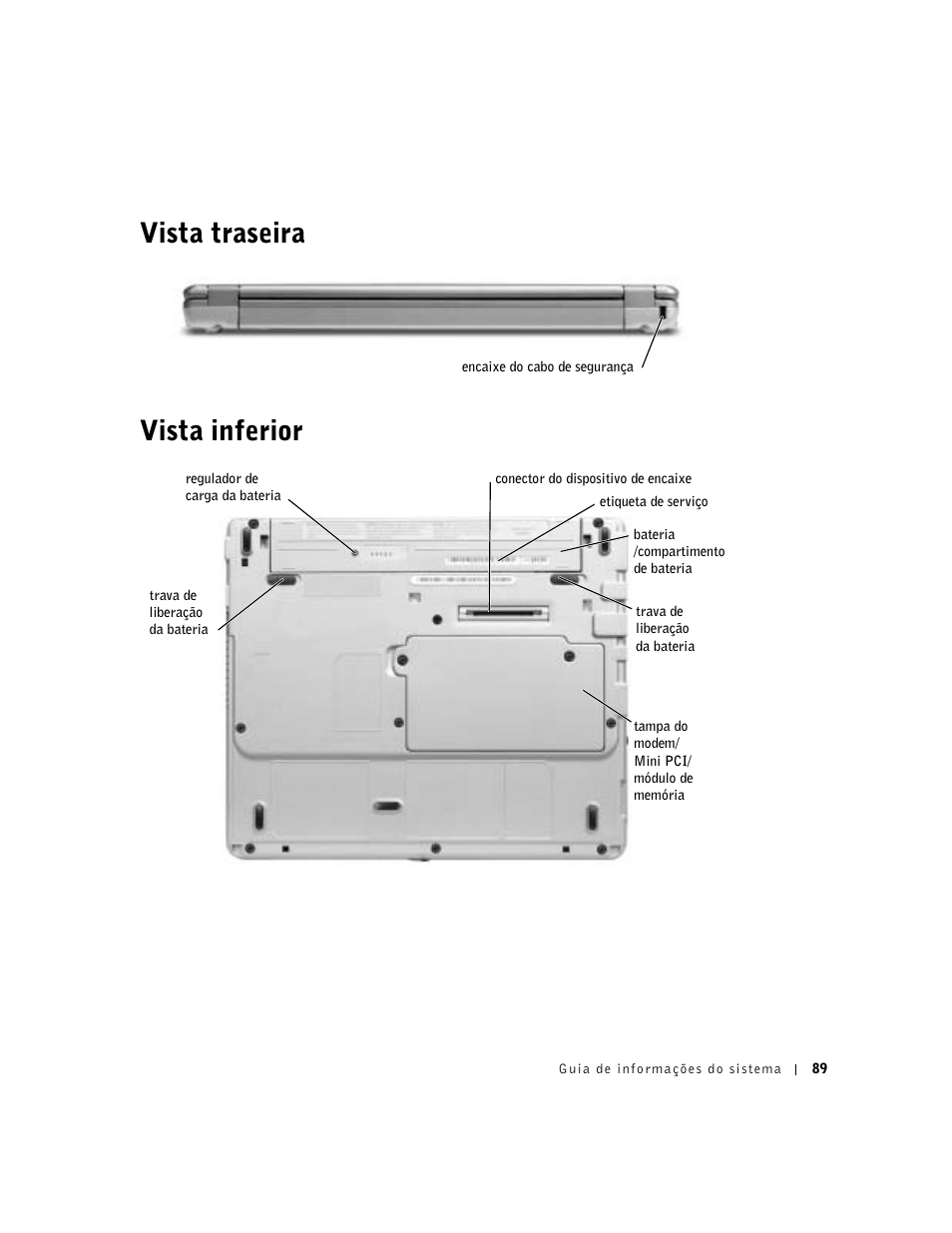 Vista traseira, Vista inferior, Vista traseira vista inferior | Dell Latitude X300 User Manual | Page 91 / 138