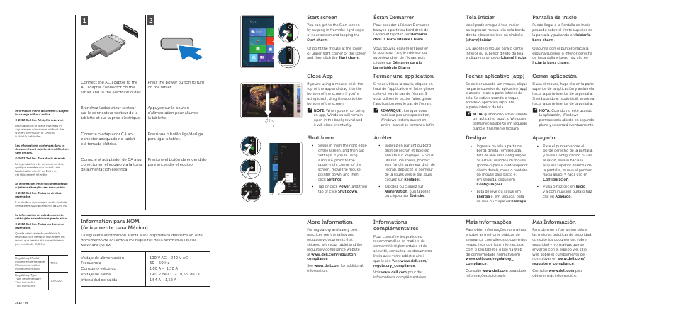 More information, Informations complémentaires, Mais informações | Más información, Start screen, Écran démarrer, Close app, Fermer une application, Shutdown, Arrêter | Dell Latitude 10 (Late 2012) User Manual | Page 2 / 2