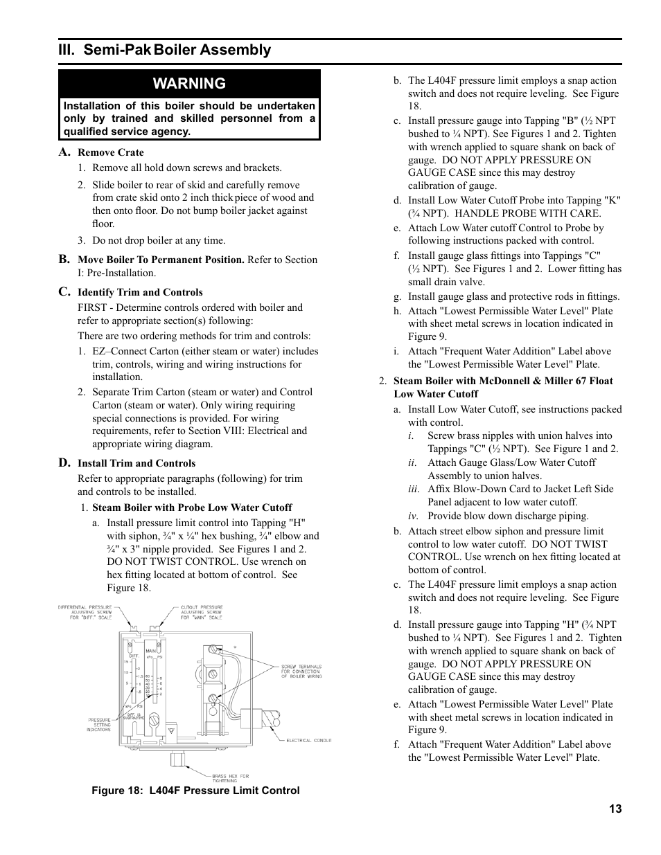 Iii. semi-pak boiler assembly warning | Burnham Independence IN10 User Manual | Page 13 / 92