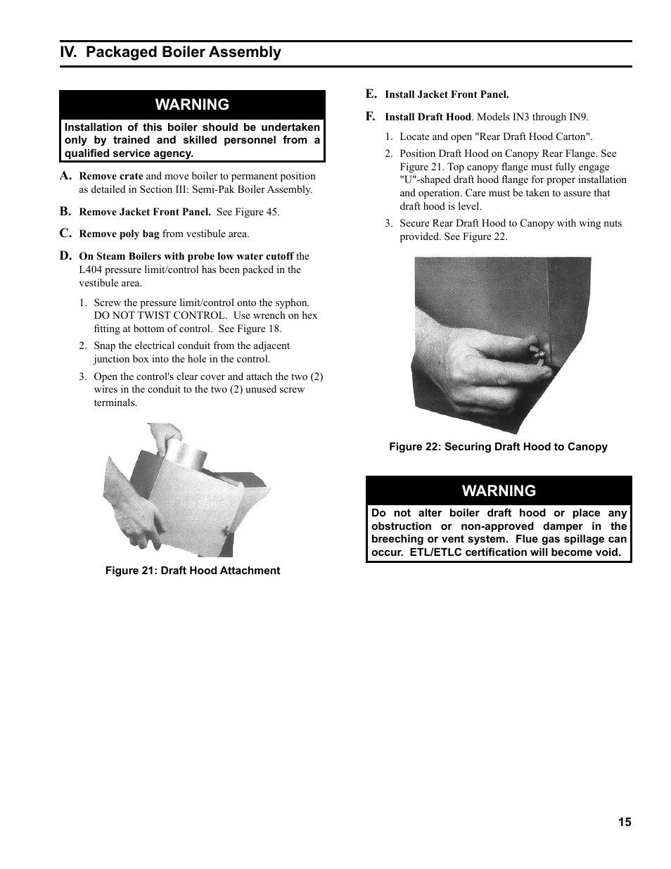 Iv. packaged boiler assembly, Warning | Burnham Independence IN10 User Manual | Page 15 / 92
