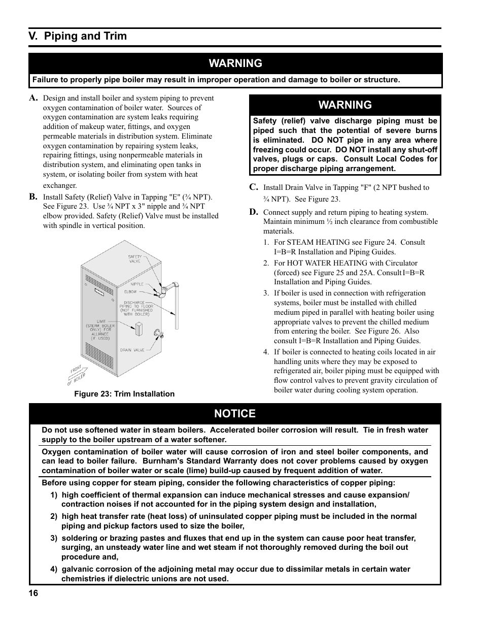 V. piping and trim, Warning, Notice | Burnham Independence IN10 User Manual | Page 16 / 92
