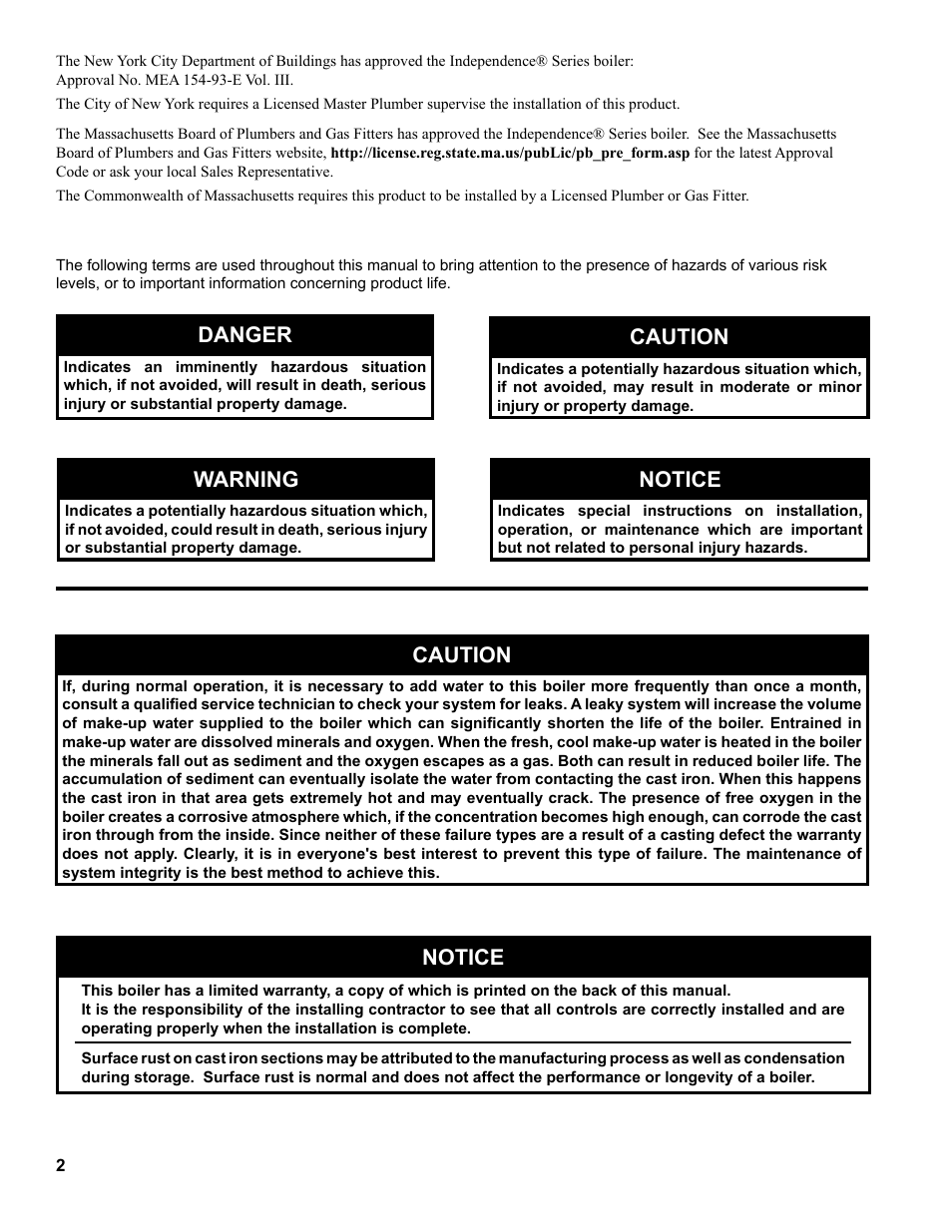 Danger, Caution, Warning | Notice | Burnham Independence IN10 User Manual | Page 2 / 92
