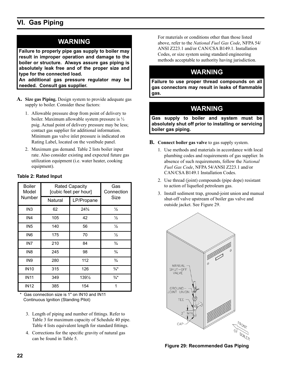 Vi. gas piping warning, Warning | Burnham Independence IN10 User Manual | Page 22 / 92