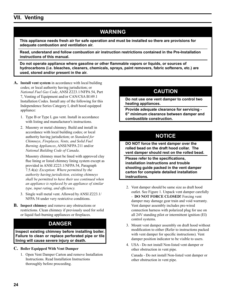 Vii. venting, Danger, Caution | Notice, Warning | Burnham Independence IN10 User Manual | Page 24 / 92