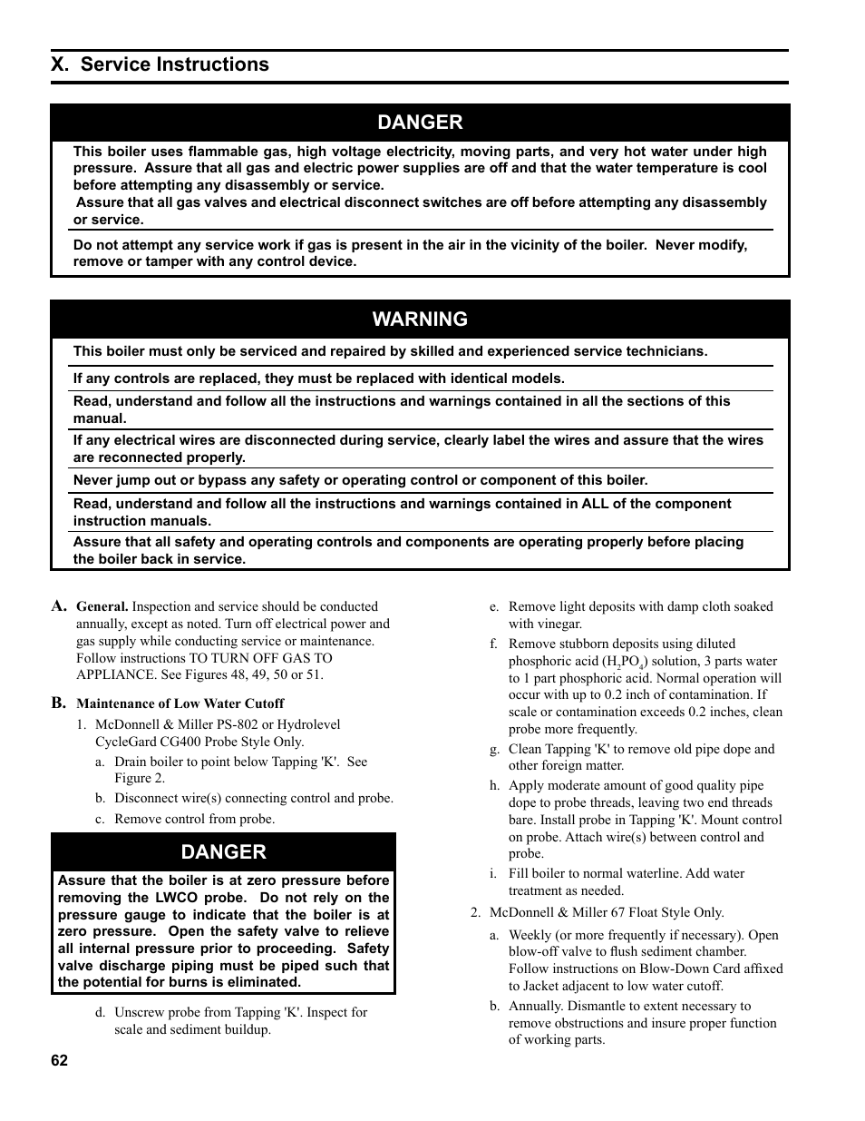 X. service instructions, Danger, Warning | Burnham Independence IN10 User Manual | Page 62 / 92