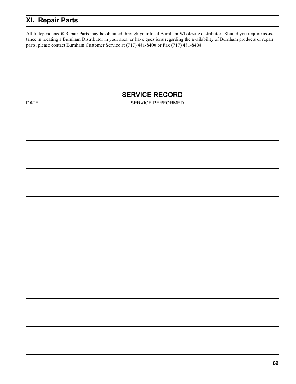 Xi. repair parts, Service record | Burnham Independence IN10 User Manual | Page 69 / 92