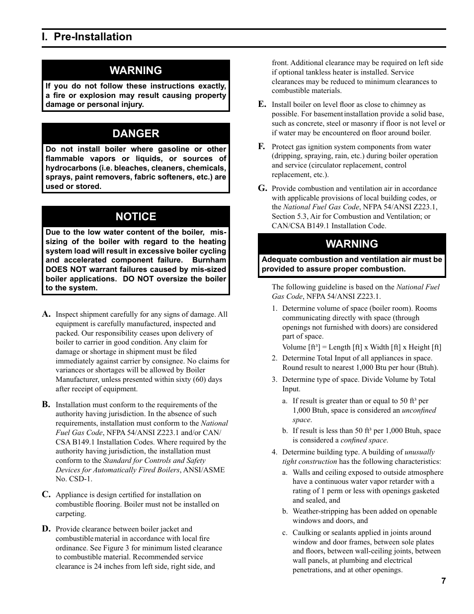 I. pre-installation, Warning, Danger | Notice | Burnham Independence IN10 User Manual | Page 7 / 92